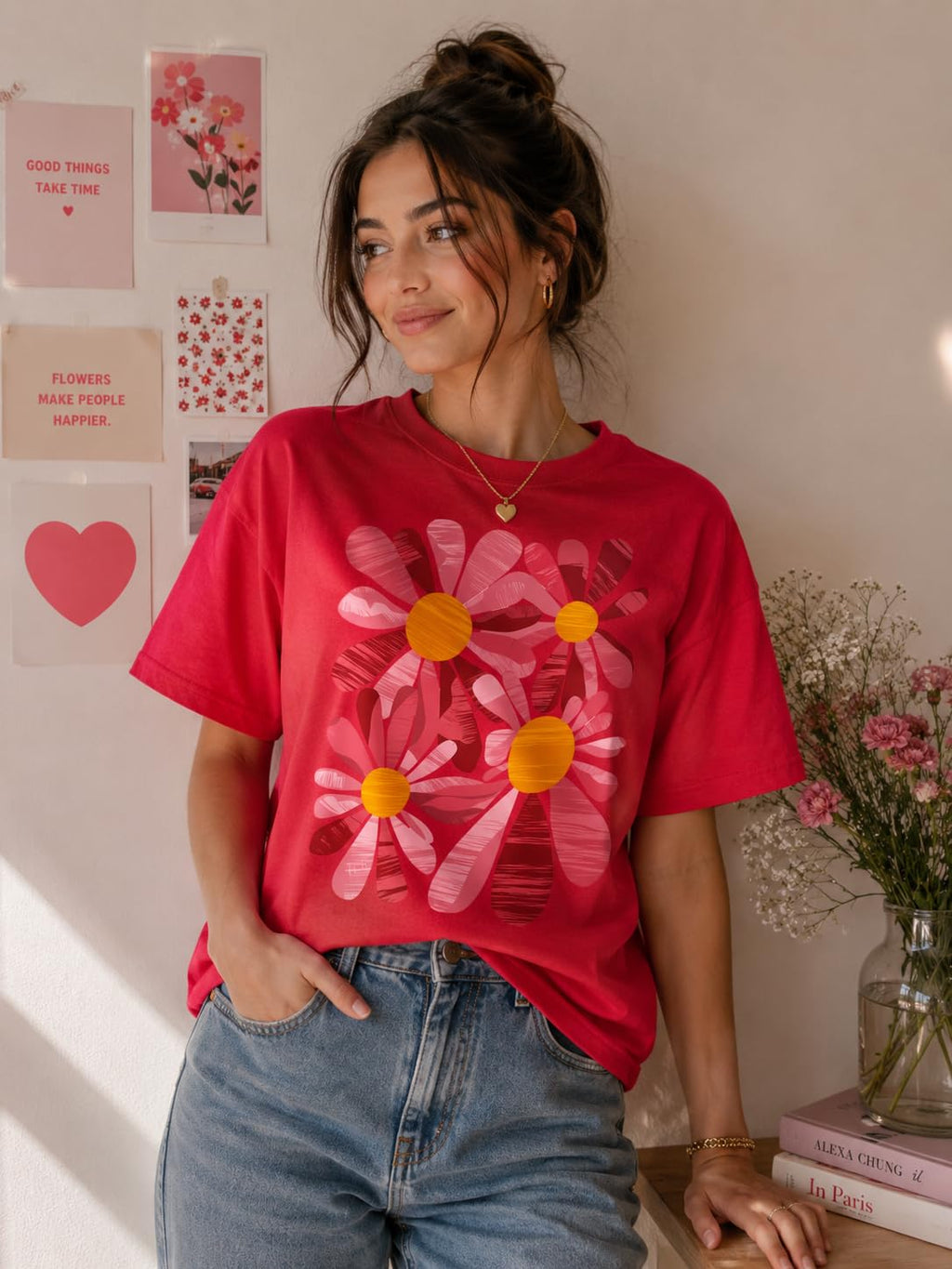 Cute Pink Floral Graphic Tee for Women, Vintage Daisy Flower T-Shirt, Spring Summer Casual Shirt