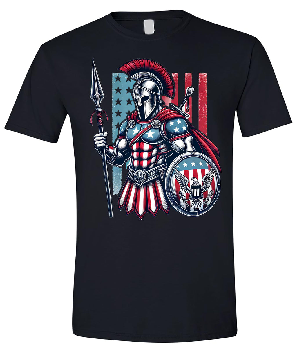 American Spartan Patriotic Graphic T-Shirt, Warrior Design, Men's Size, 4th of July, Memorial Day