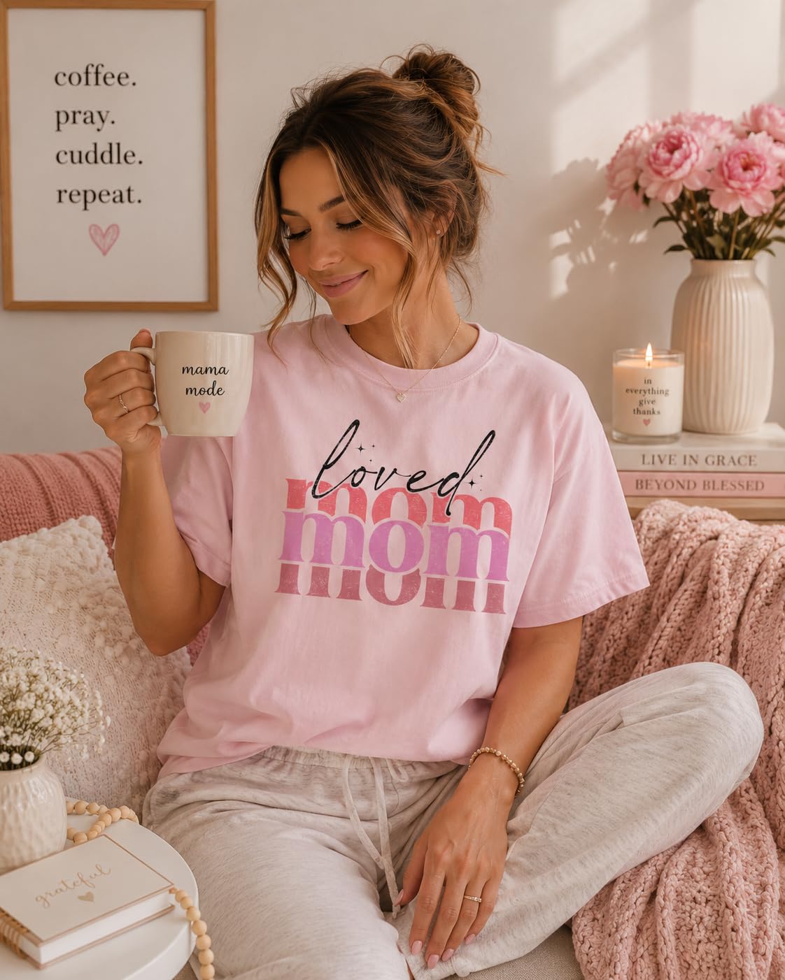 Loved Mom Graphic Tee for Women, Cute Retro Pink Mama T-Shirt, Aesthetic for Moms, Grandma, Wife