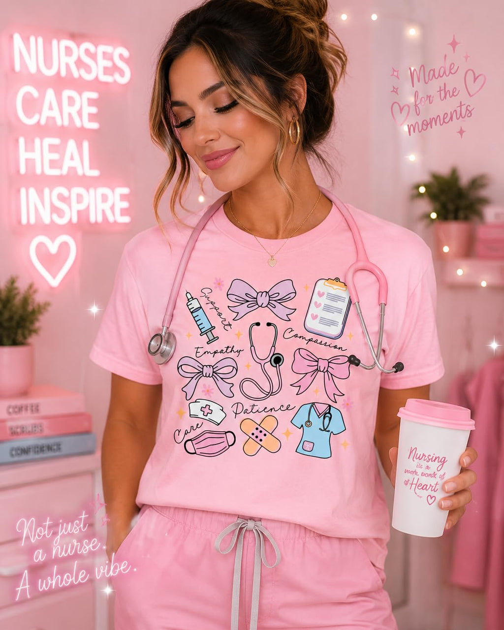 Nurse Shirt for Women, Cute Nursing Graphic Tee, Pink Bow Stethoscope Design, Registered Nurse Gift