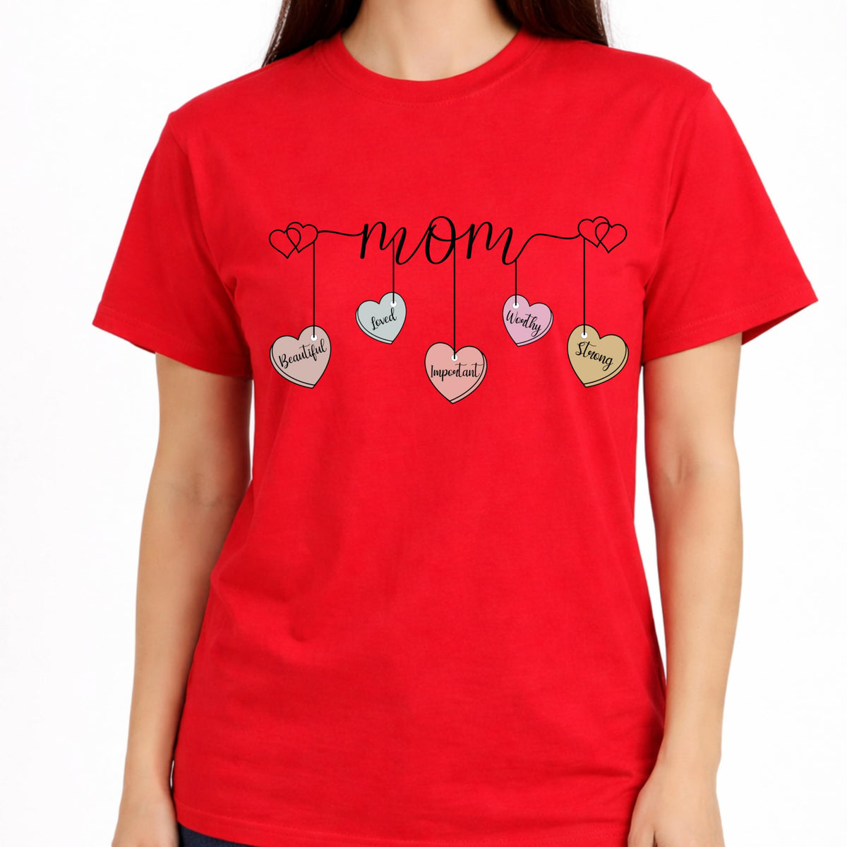 Mom Shirt with Hanging Heart Charms, Cute Mother Graphic T-Shirt, Gift for Mom, Soft Casual Women’s Tee