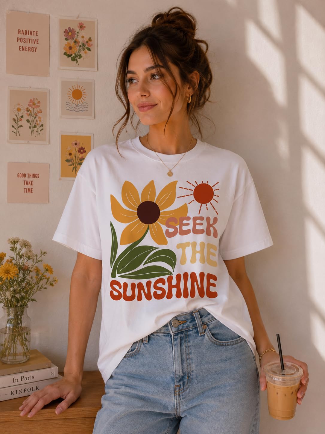 Seek The Sunshine Positive Quote Sunflower Graphic Tee for Women, Cute Floral T-Shirt
