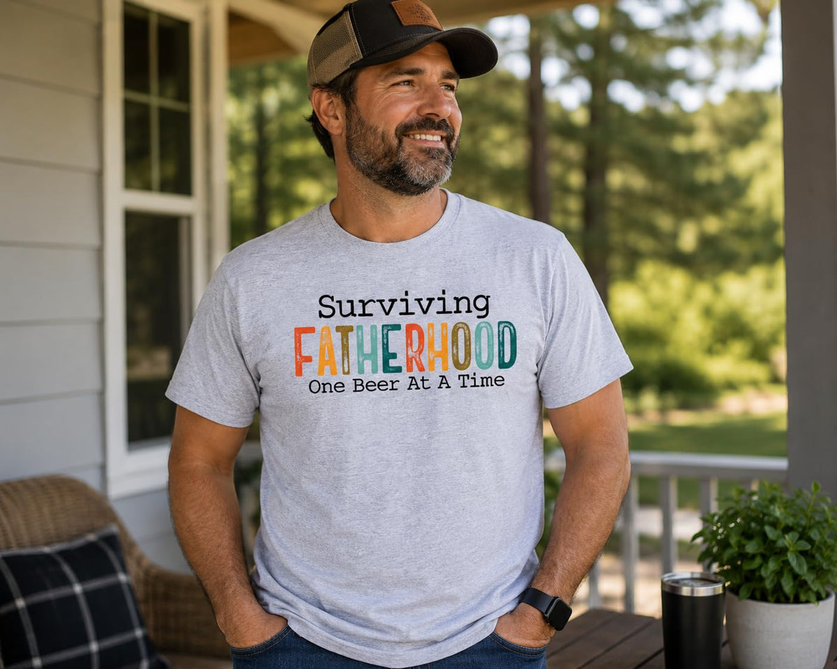Surviving Fatherhood Funny Dad Beer Graphic Tee, Retro Father's Day T-Shirt, Gift for Dads, Husband, Grandpa