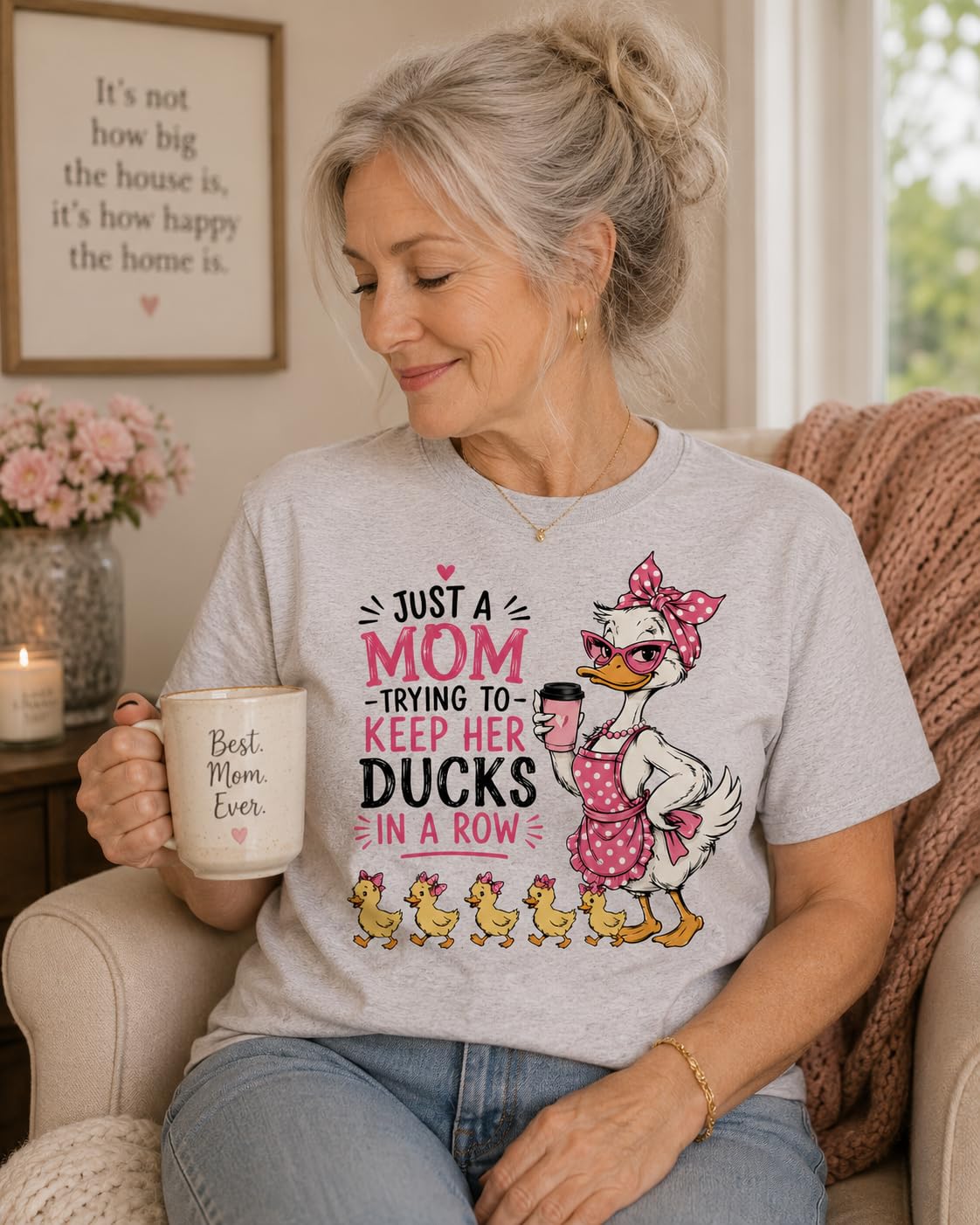 Funny Mom T-Shirt, Just A Mom Trying to Keep Her Ducks in A Row, Cute Mama Duck Graphic Tee, for Women
