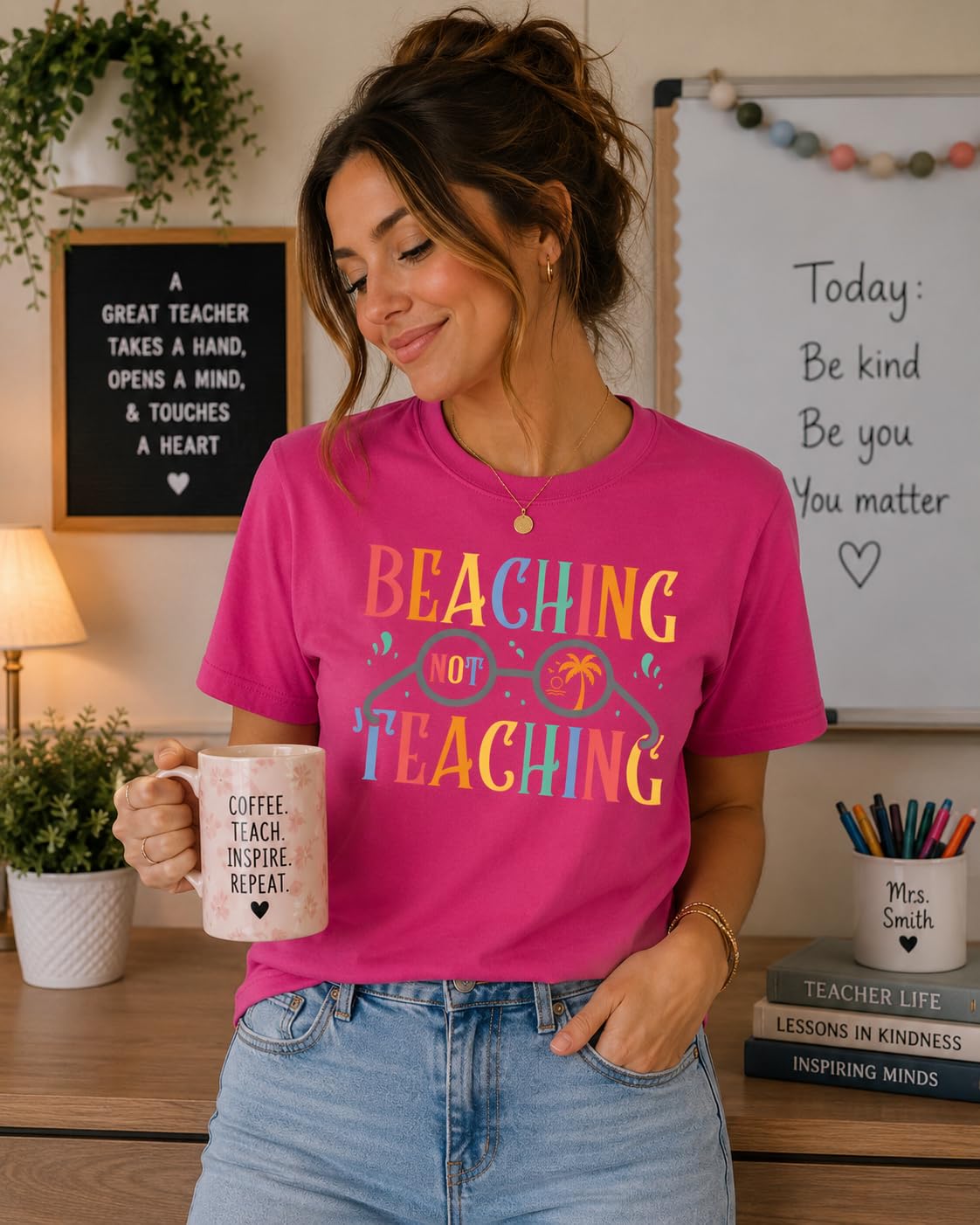 World and Space T-Shirt for Women, Funny Teacher Summer Vacation Tee, Retro Beach Graphic, 100% Cotton, Classic Fit