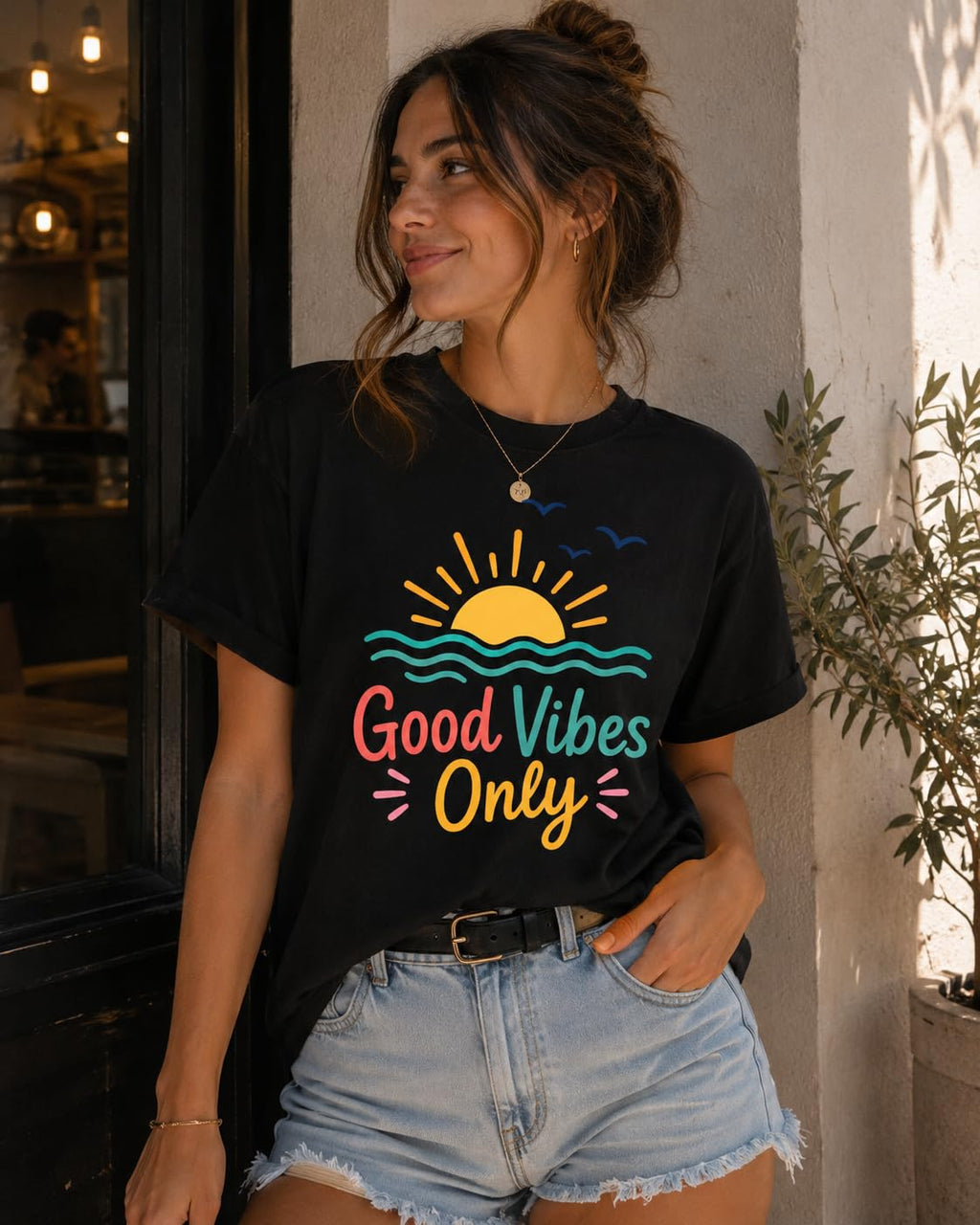 Good Vibes Only Vintage Retro Sunset Beach Graphic T-Shirt