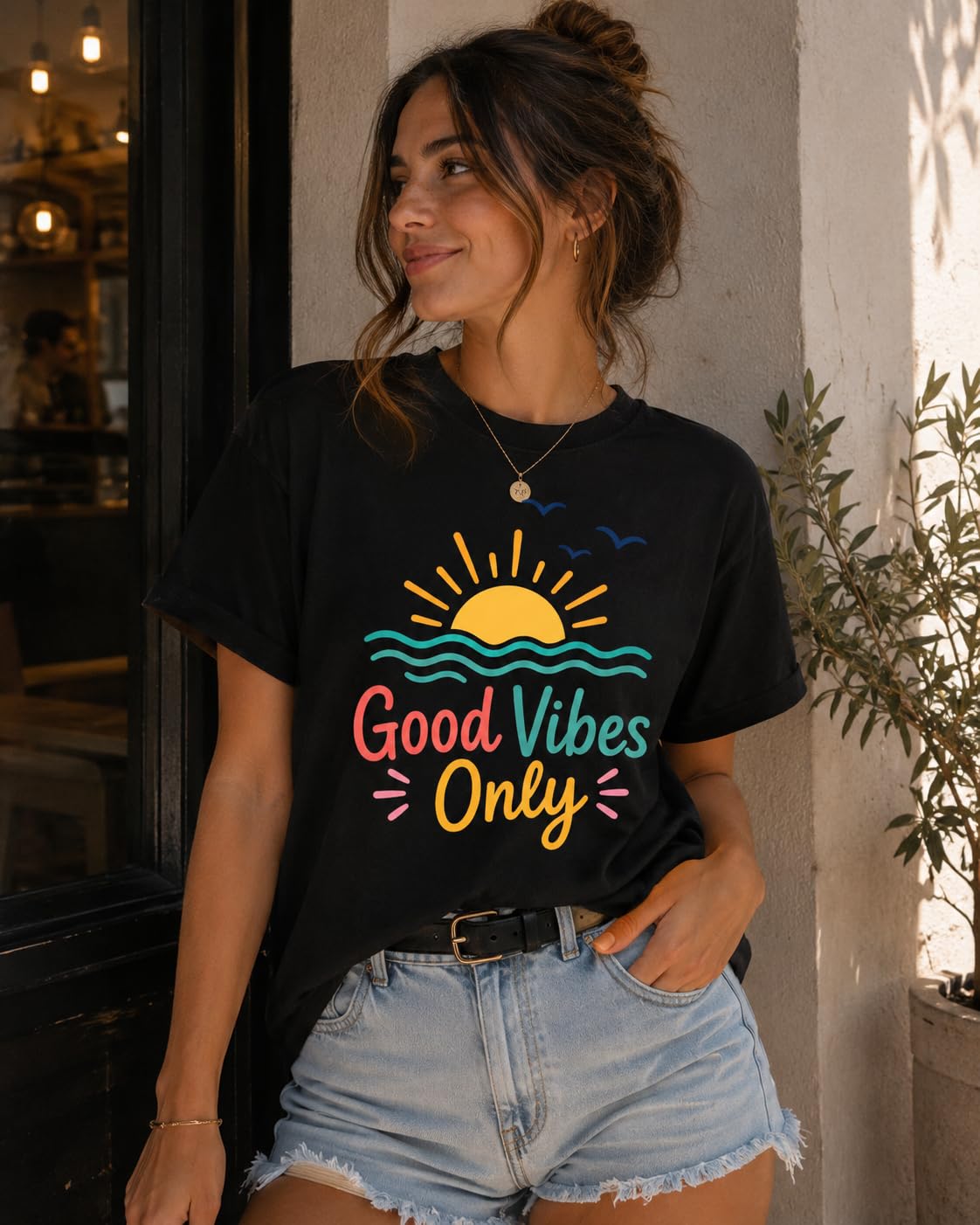 Good Vibes Only Vintage Retro Sunset Beach Graphic T-Shirt