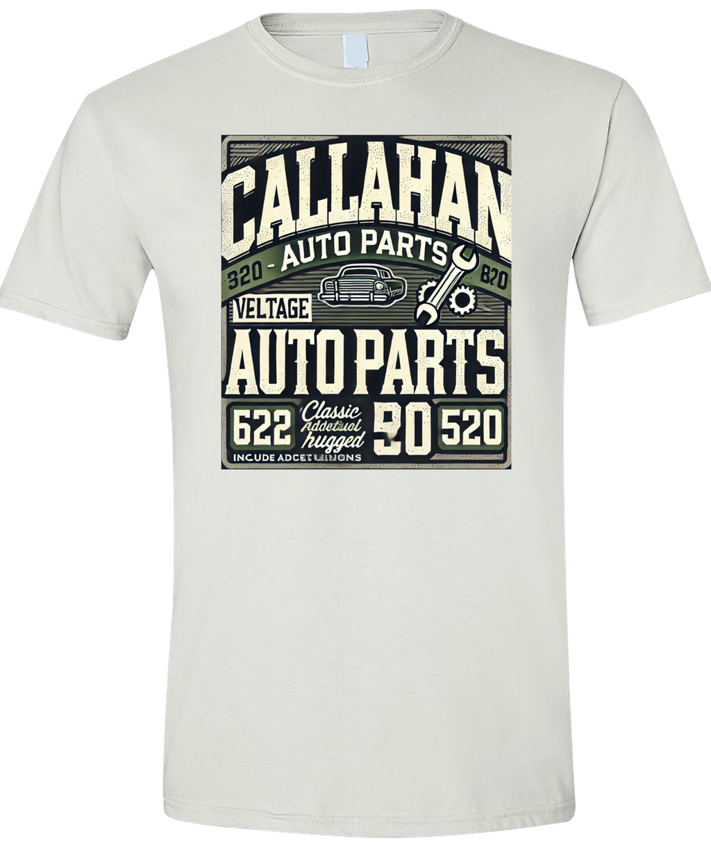Vintage Callahan Auto Parts T-Shirt, Retro Car Enthusiast Graphic Tee, Classic Dark Green and White Design