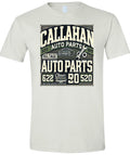 Vintage Callahan Auto Parts T-Shirt, Retro Car Enthusiast Graphic Tee, Classic Dark Green and White Design