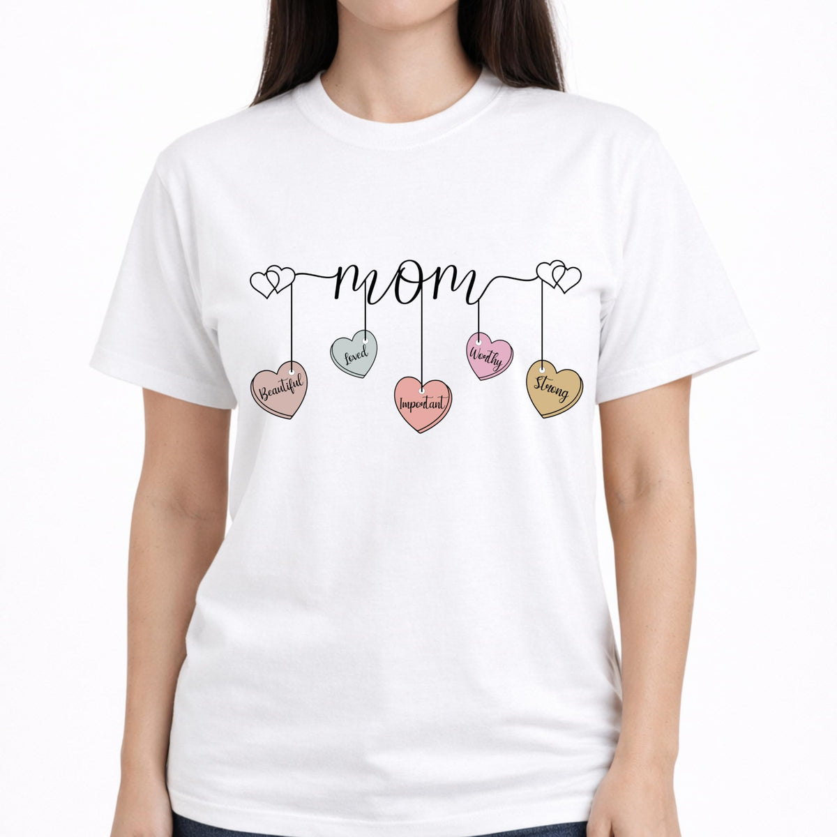 Mom Shirt with Hanging Heart Charms, Cute Mother Graphic T-Shirt, Gift for Mom, Soft Casual Women’s Tee