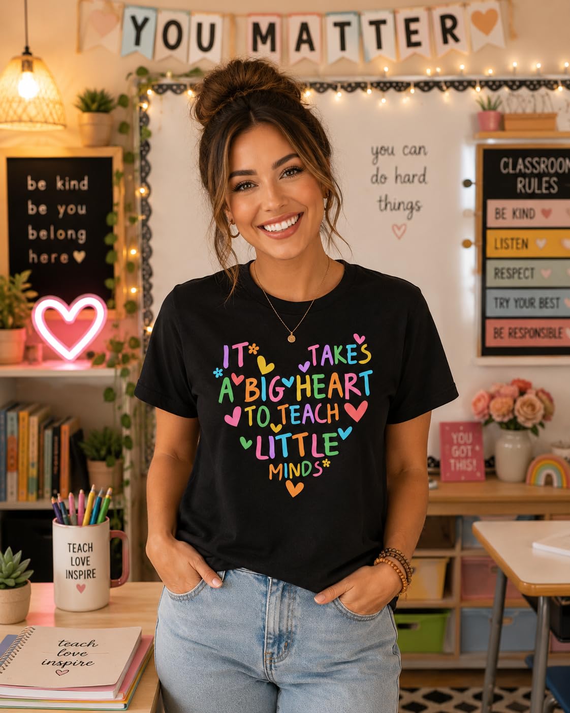Preschool Teacher Graphic Tee, It Takes a Big Heart to Teach Little Minds, Cute Shirt for Women