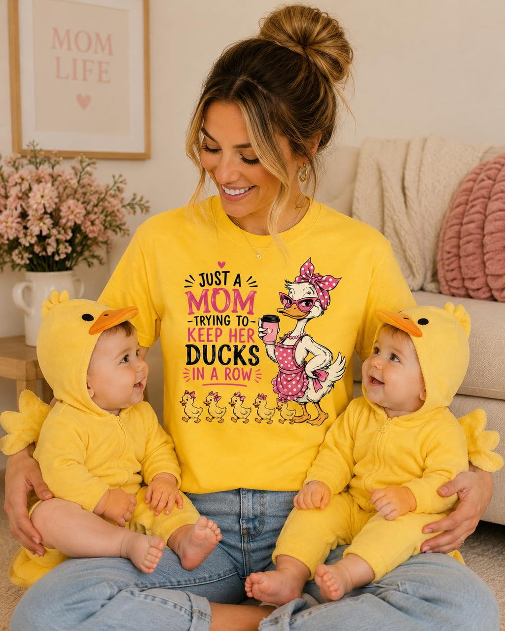 Funny Mom T-Shirt, Just A Mom Trying to Keep Her Ducks in A Row, Cute Mama Duck Graphic Tee, for Women