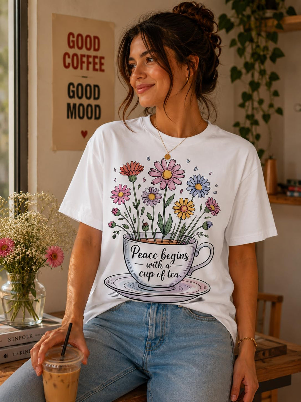 Tea Lover Graphic T-Shirt, Peace Begins with a Cup of Tea Floral Quote Tee