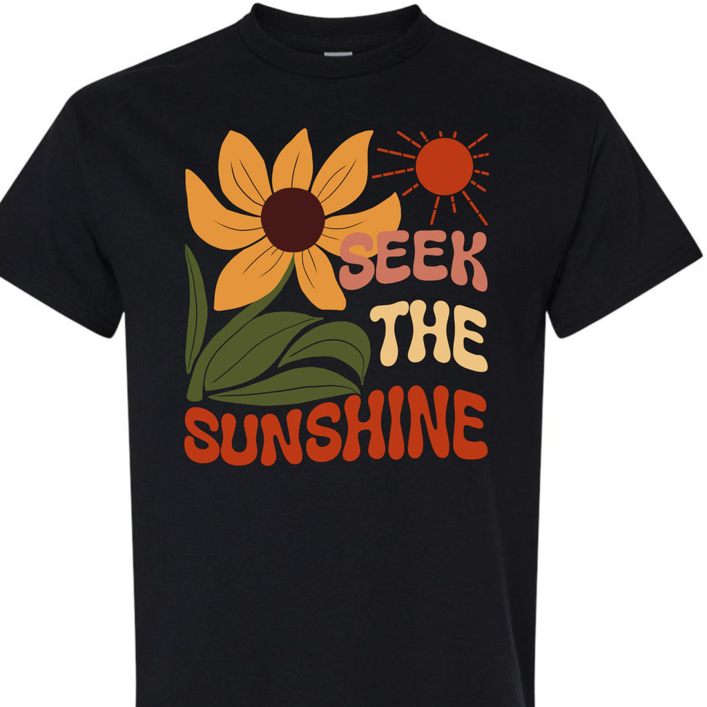 Seek The Sunshine Positive Quote Sunflower Graphic Tee for Women, Cute Floral T-Shirt