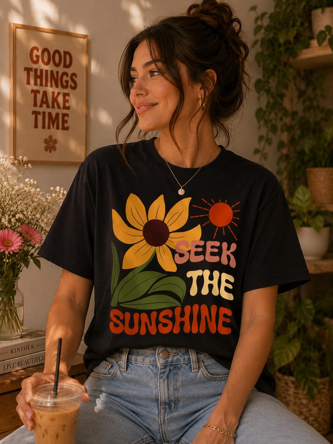 Seek The Sunshine Positive Quote Sunflower Graphic Tee for Women, Cute Floral T-Shirt