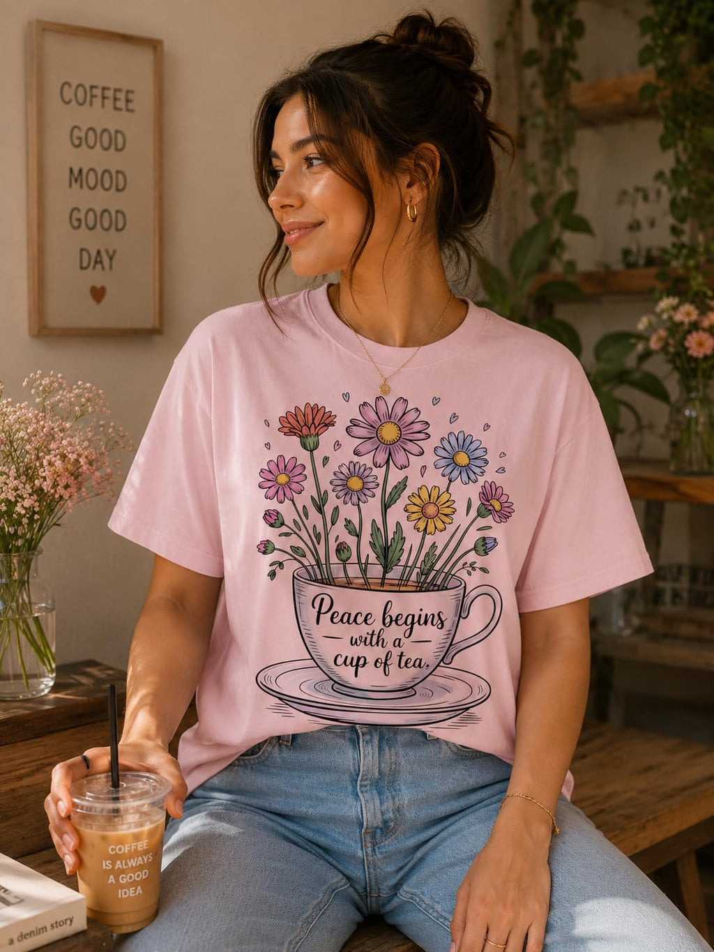 Tea Lover Graphic T-Shirt, Peace Begins with a Cup of Tea Floral Quote Tee