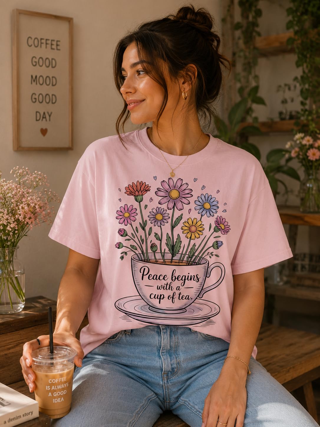 Tea Lover Graphic T-Shirt, Peace Begins with a Cup of Tea Floral Quote Tee