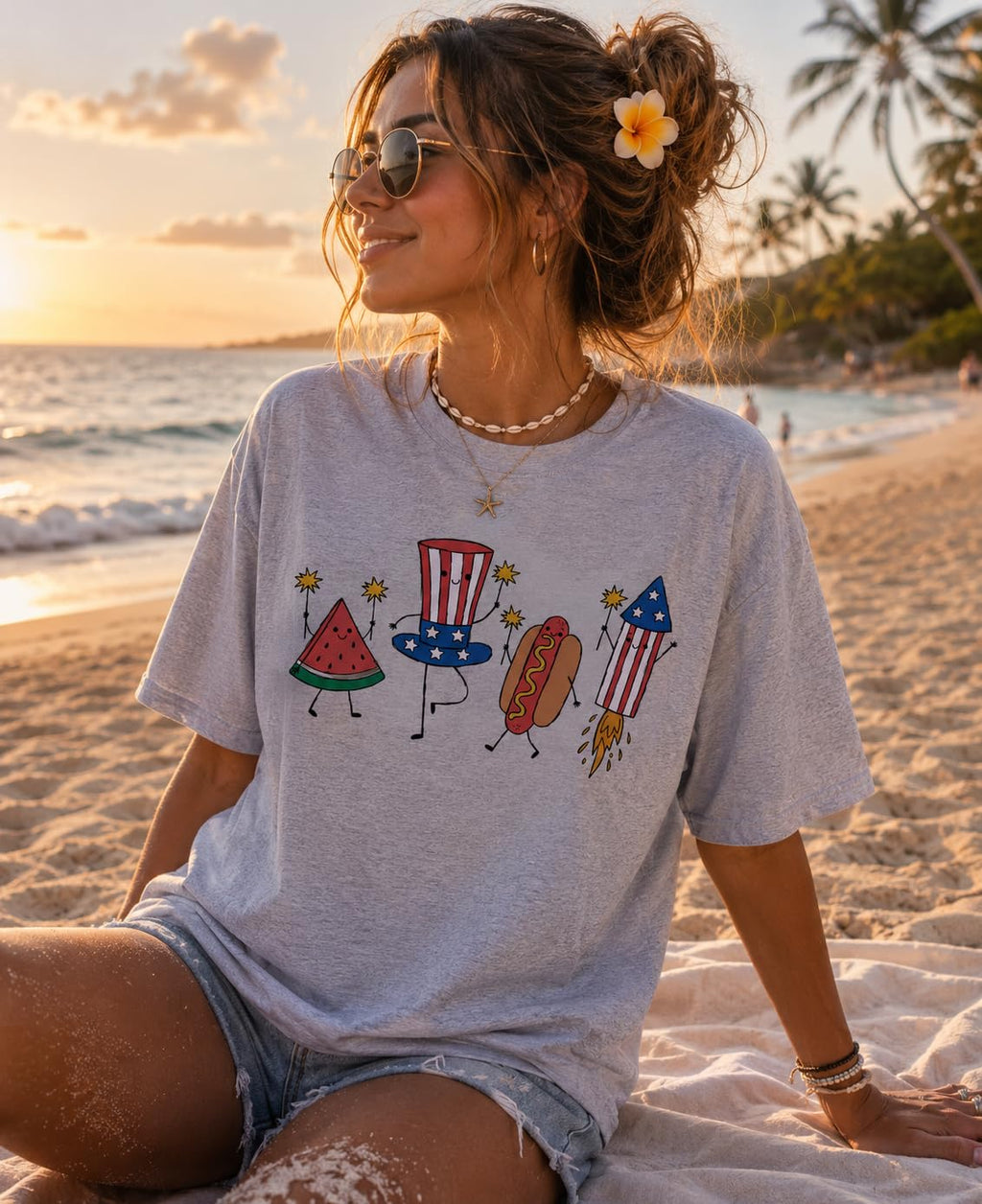 July 4th Patriotic Graphic Tee for Women, Independence Day American Flag Fireworks Top, USA Summer Shirt