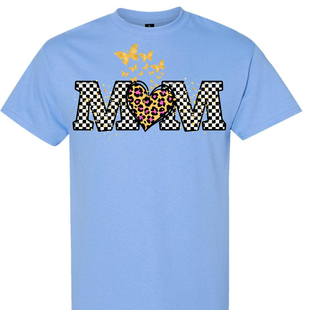 Butterfly Leopard Heart Checkered Mama Graphic T-Shirt for Women