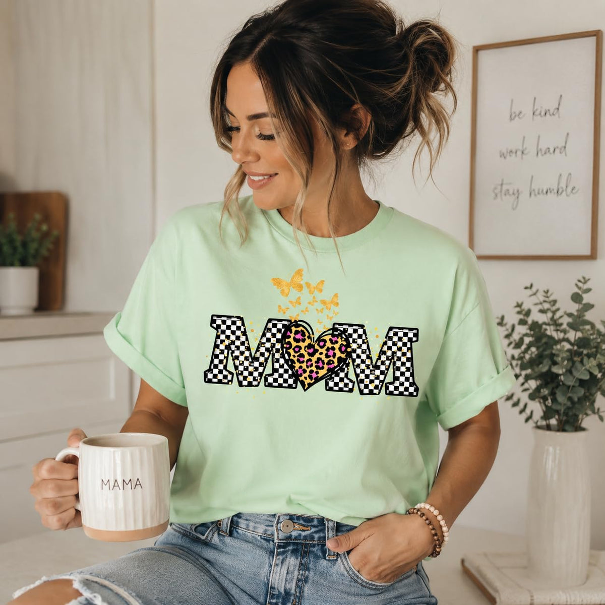 Butterfly Leopard Heart Checkered Mama Graphic T-Shirt for Women