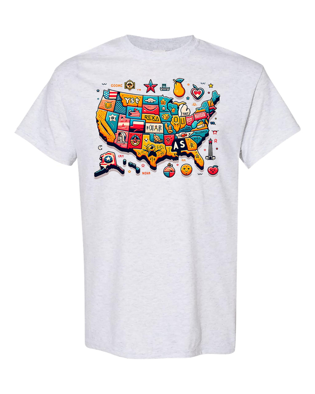 USA State Icons T-Shirt, Unique Map Design with State Symbols, Vibrant Colors, Travel/USA Lovers, Large