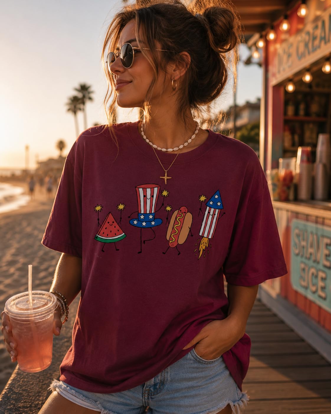July 4th Patriotic Graphic Tee for Women, Independence Day American Flag Fireworks Top, USA Summer Shirt