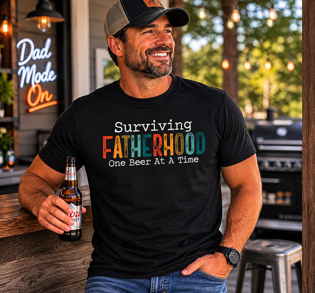 Surviving Fatherhood Funny Dad Beer Graphic Tee, Retro Father's Day T-Shirt, Gift for Dads, Husband, Grandpa
