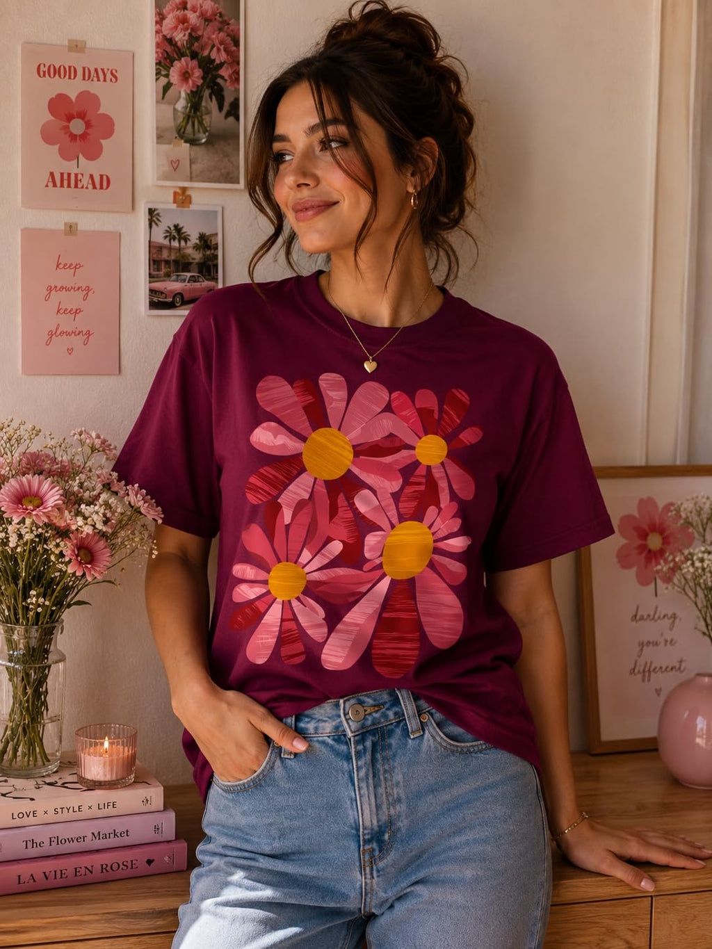 Cute Pink Floral Graphic Tee for Women, Vintage Daisy Flower T-Shirt, Spring Summer Casual Shirt