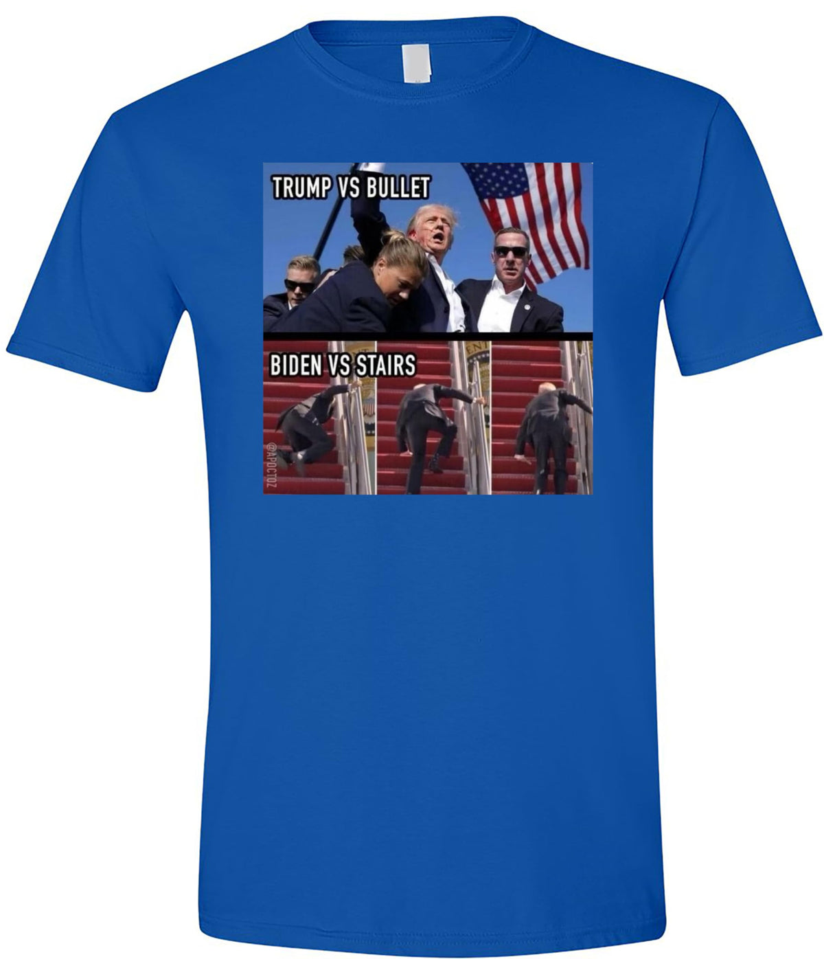 Funny Political Meme T-Shirt - Trump vs Bullet and Biden vs Stairs - Hilarious Graphic Tee for Men and Women