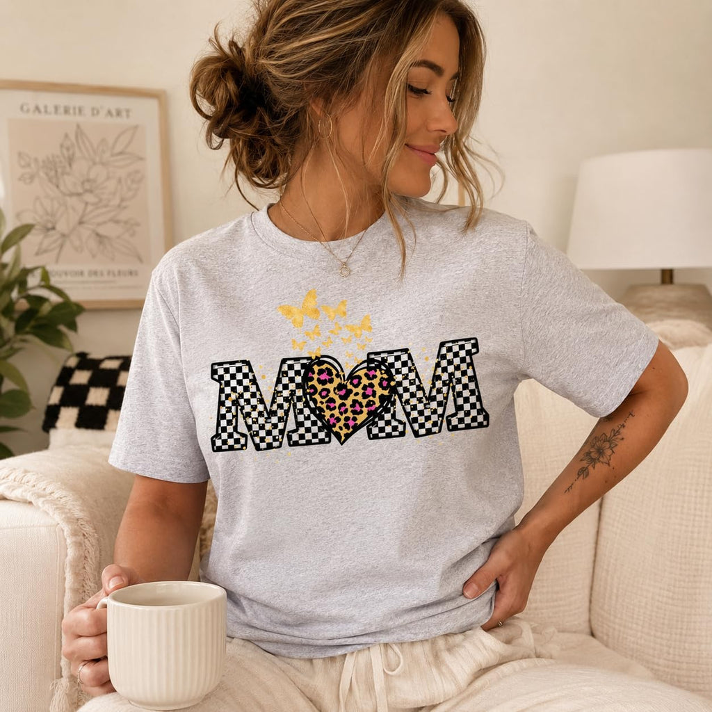 Butterfly Leopard Heart Checkered Mama Graphic T-Shirt for Women