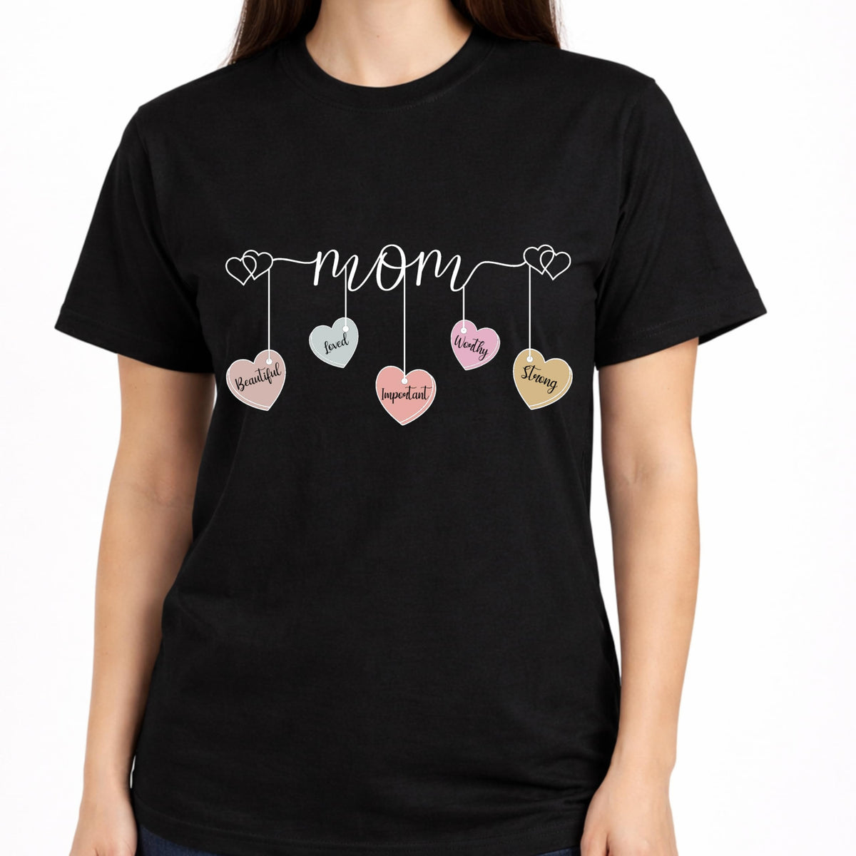 Mom Shirt with Hanging Heart Charms, Cute Mother Graphic T-Shirt, Gift for Mom, Soft Casual Women’s Tee