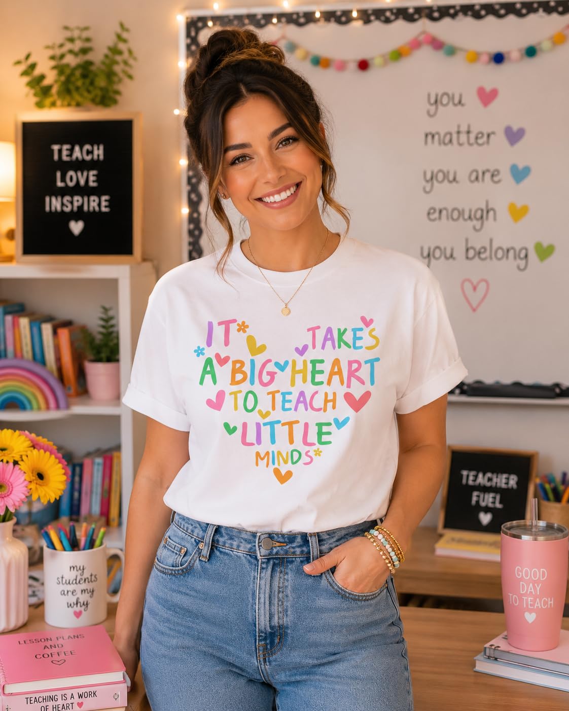 Preschool Teacher Graphic Tee, It Takes a Big Heart to Teach Little Minds, Cute Shirt for Women