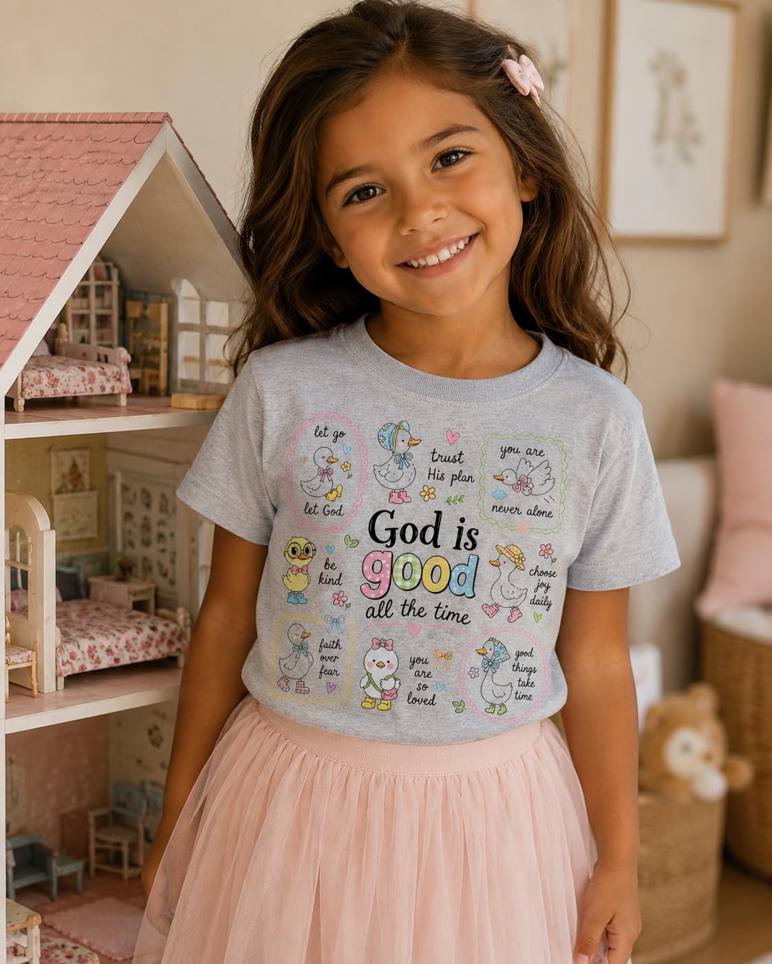 God is Good All The Time Shirt for Girls, Christian Graphic Tee, Faith Based Kids T-Shirt, Cute Duck Graphic