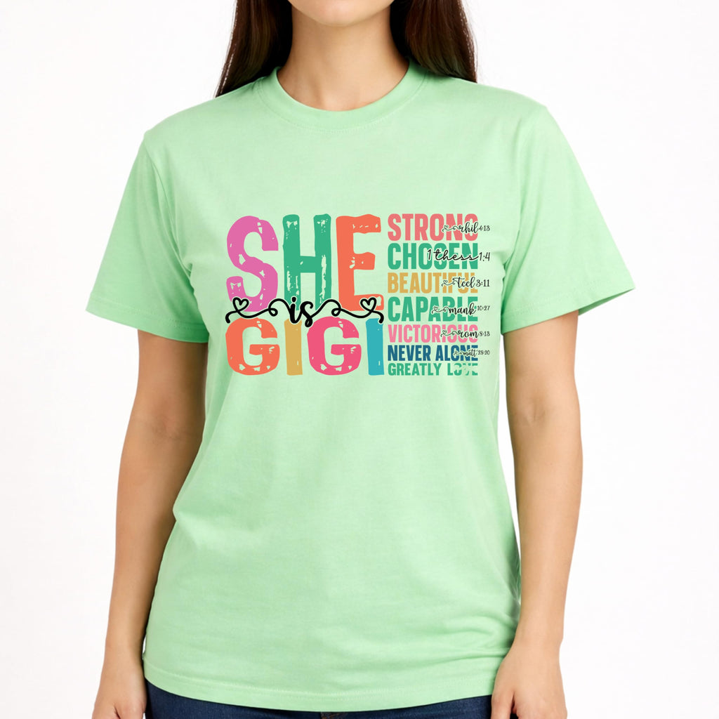 She is Gigi T-Shirt for Women, Christian Grandma Shirt, Faith Based Graphic Tee, Inspirational Bible Verse, Religious Gift
