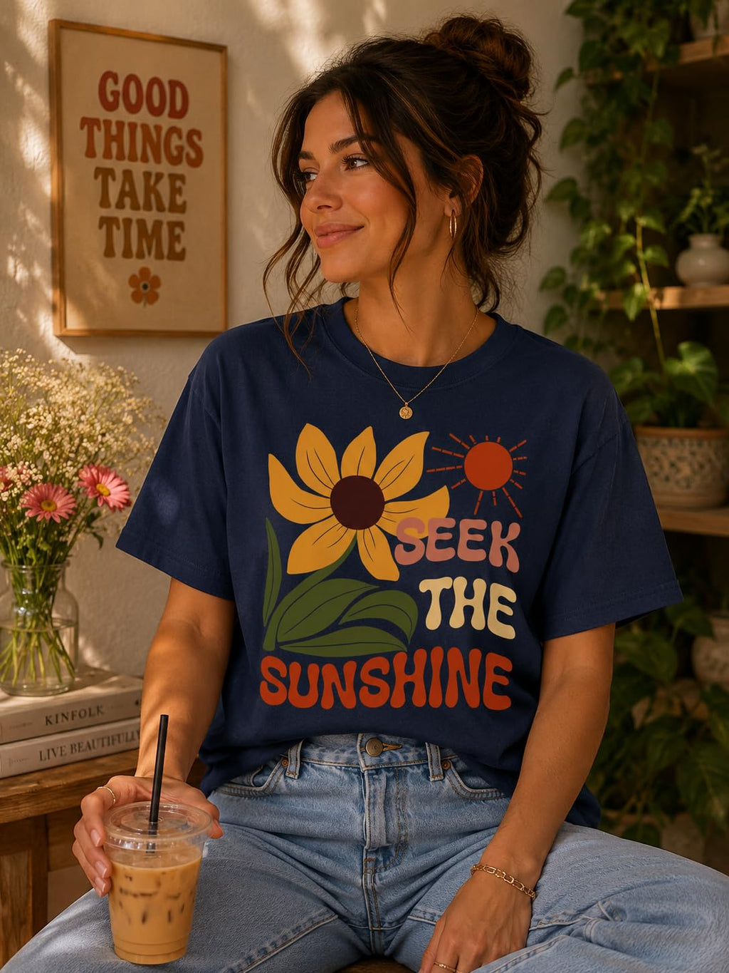 Seek The Sunshine Positive Quote Sunflower Graphic Tee for Women, Cute Floral T-Shirt
