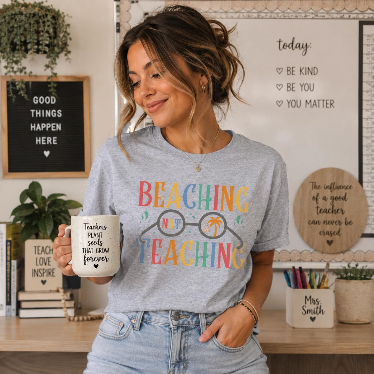 World and Space T-Shirt for Women, Funny Teacher Summer Vacation Tee, Retro Beach Graphic, 100% Cotton, Classic Fit