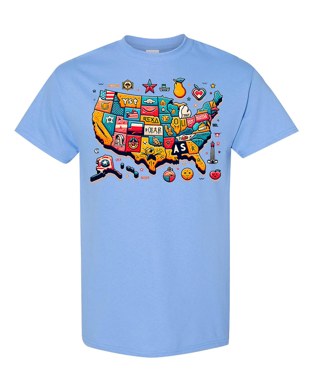 USA State Icons T-Shirt, Unique Map Design with State Symbols, Vibrant Colors, Travel/USA Lovers, Large