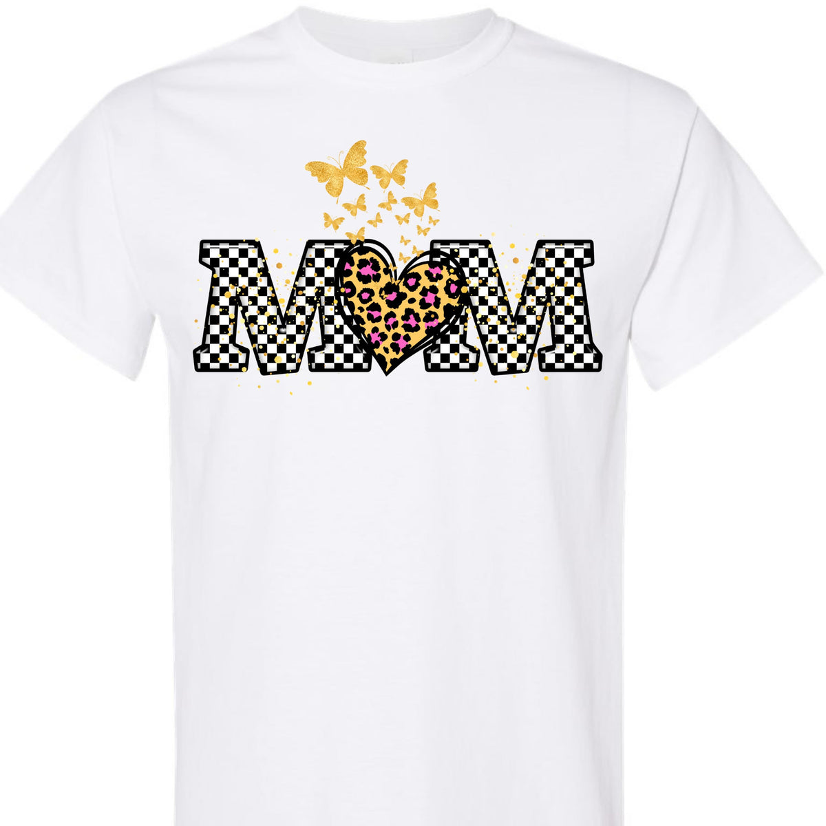 Butterfly Leopard Heart Checkered Mama Graphic T-Shirt for Women