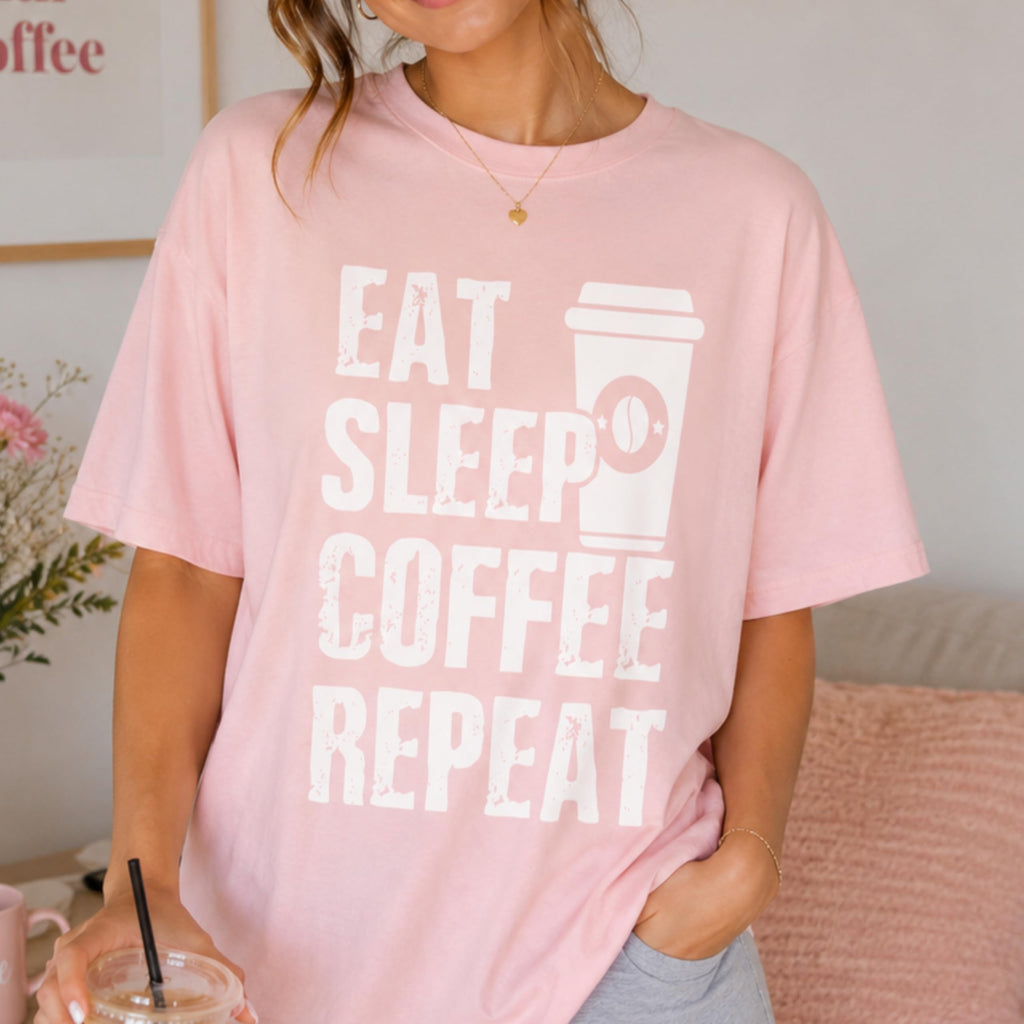 Eat Sleep Coffee Repeat Graphic Tee, Funny Caffeine Addict Quote Shirt for Women and Men, Trendy Barista Coffee Lover Gift