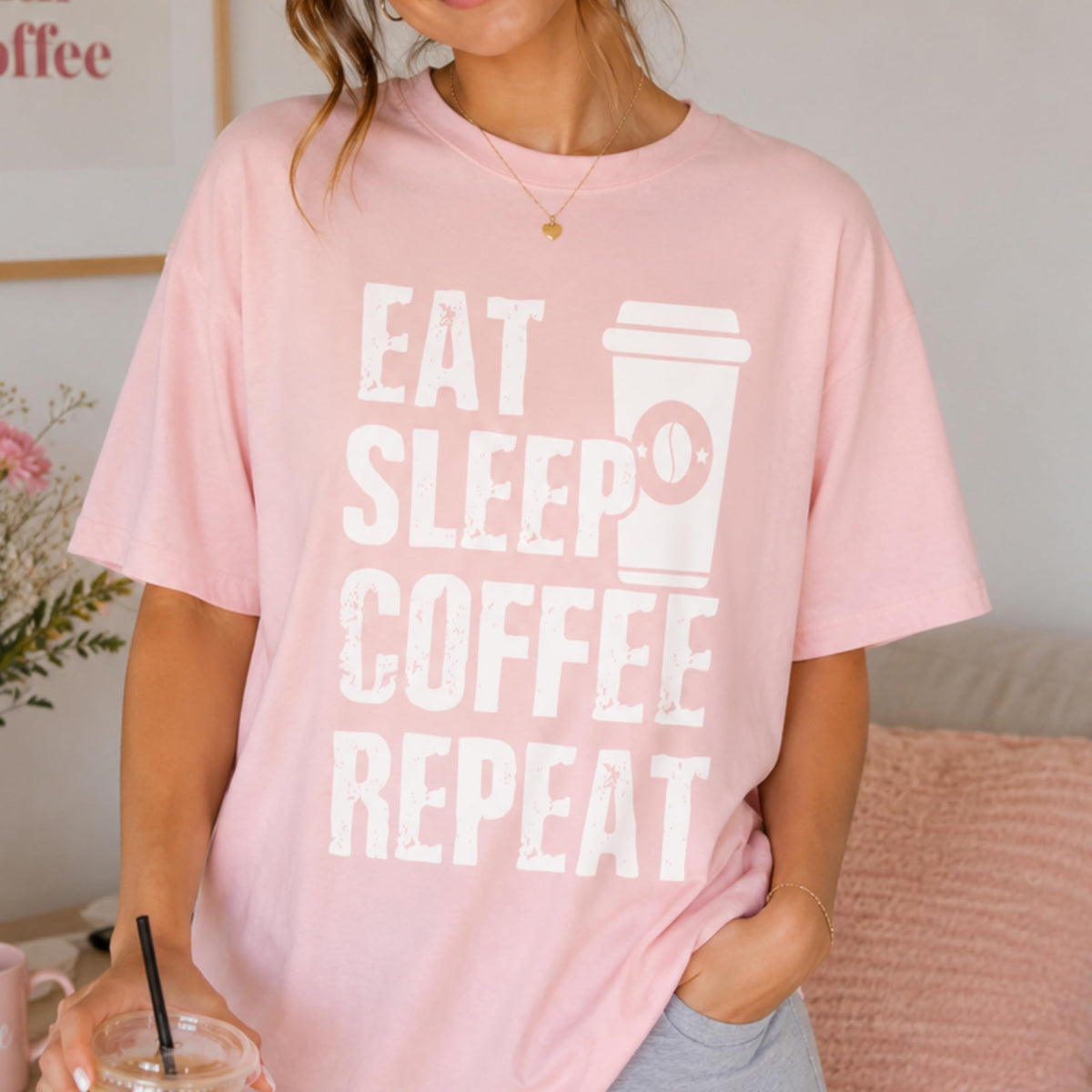 Eat Sleep Coffee Repeat Graphic Tee, Funny Caffeine Addict Quote Shirt for Women and Men, Trendy Barista Coffee Lover Gift