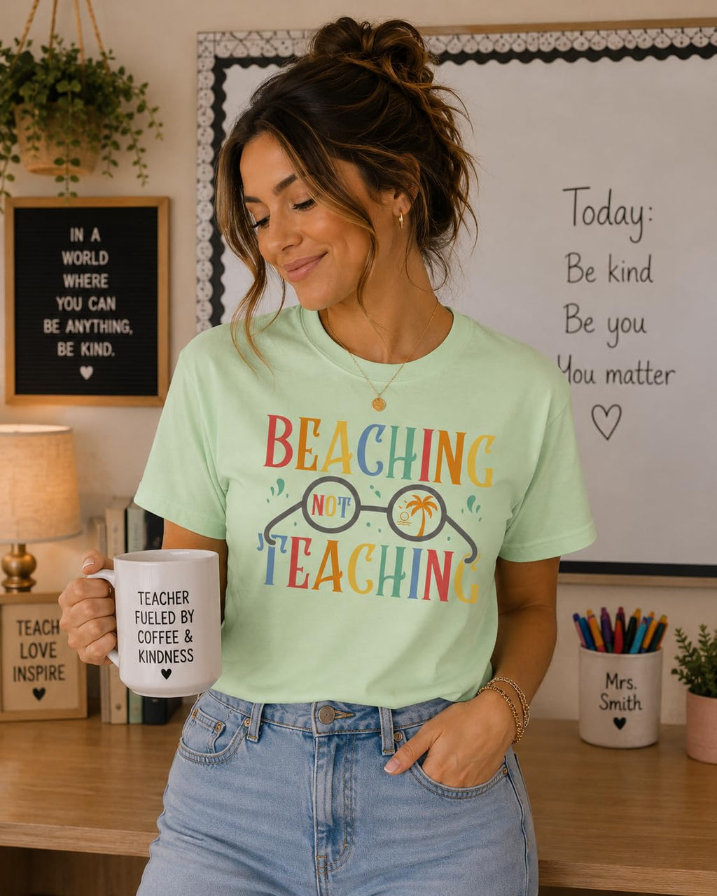 World and Space T-Shirt for Women, Funny Teacher Summer Vacation Tee, Retro Beach Graphic, 100% Cotton, Classic Fit