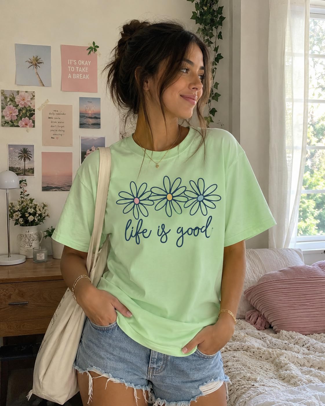 Life is Good Daisy Flower Graphic T-Shirt for Women Unisex Sizes