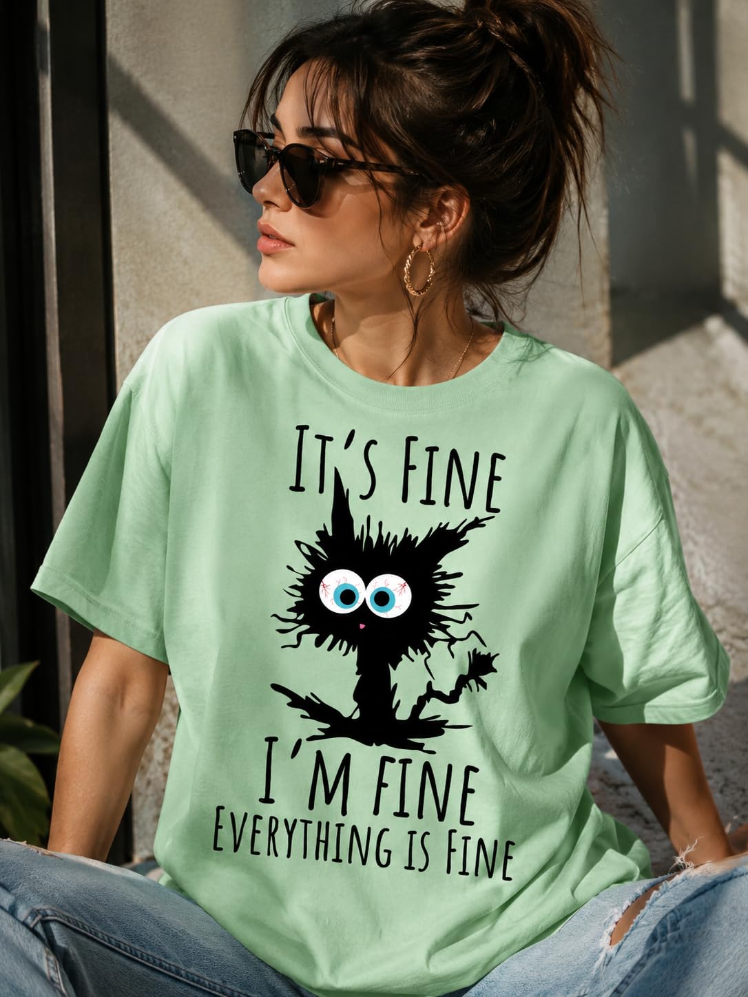 Black Cat Graphic T-Shirt It's Fine I'm Fine Everything is Fine