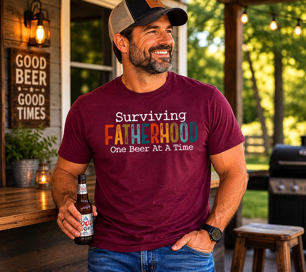 Surviving Fatherhood Funny Dad Beer Graphic Tee, Retro Father's Day T-Shirt, Gift for Dads, Husband, Grandpa
