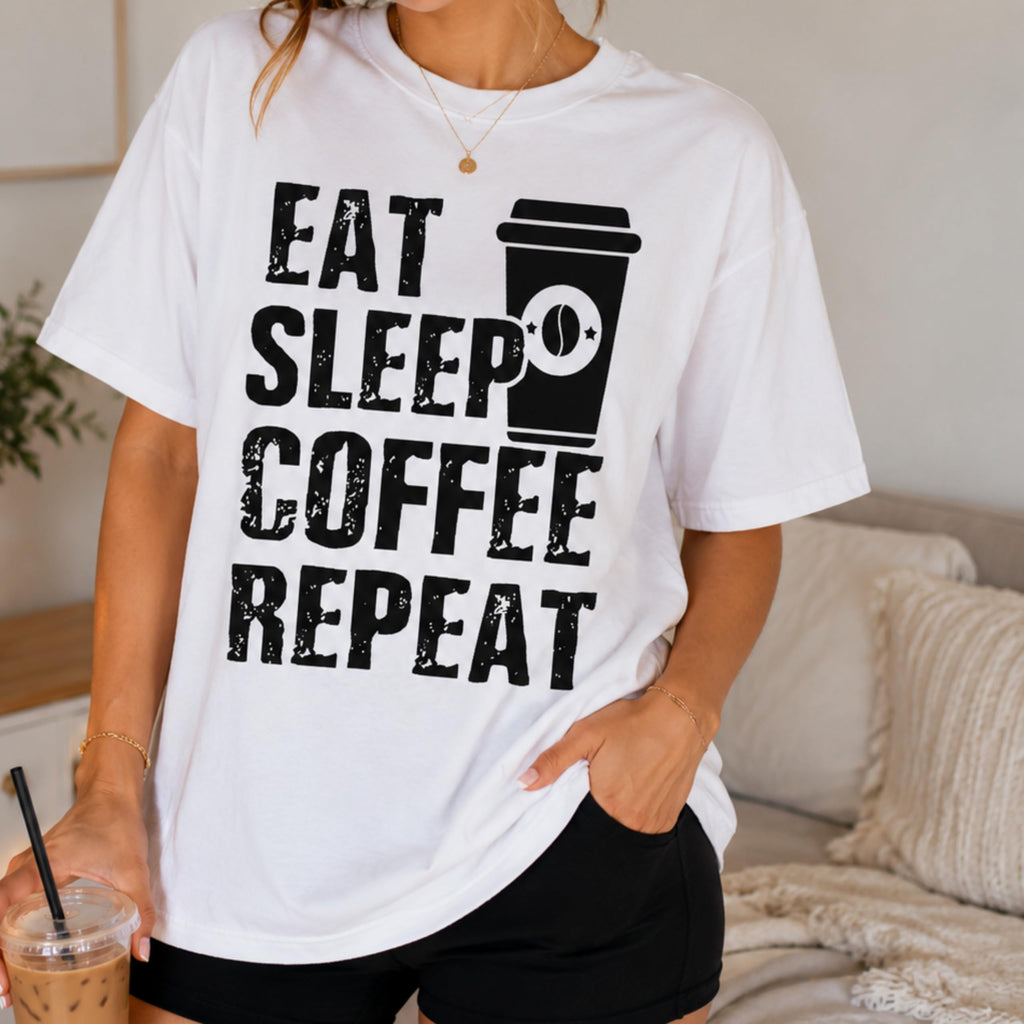 Eat Sleep Coffee Repeat Graphic Tee, Funny Caffeine Addict Quote Shirt for Women and Men, Trendy Barista Coffee Lover Gift