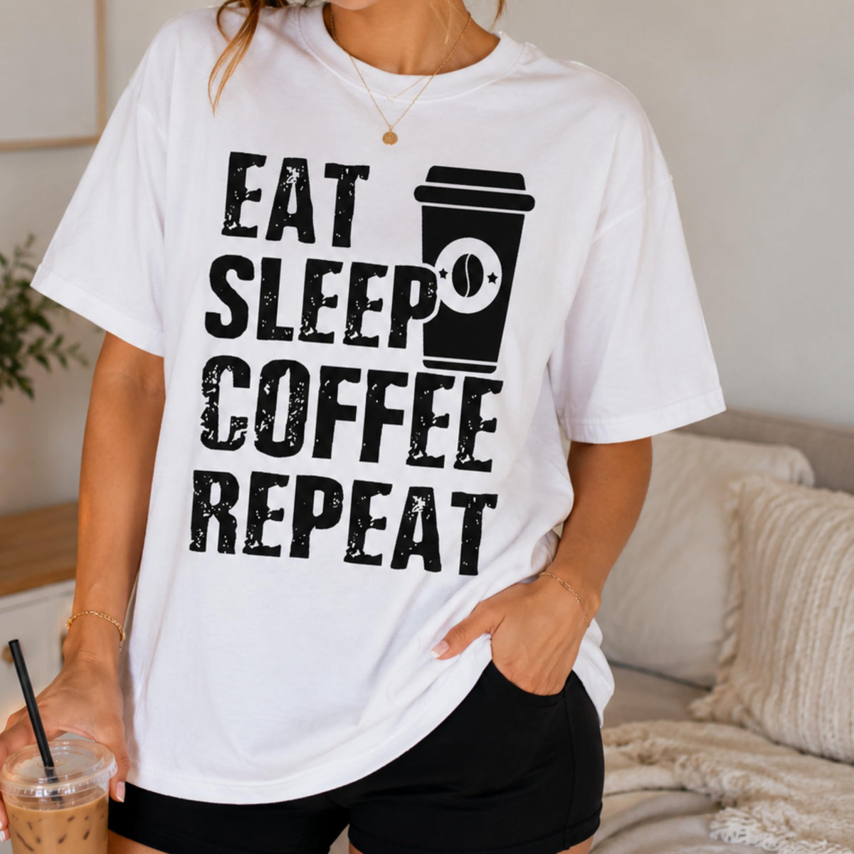 Eat Sleep Coffee Repeat Graphic Tee, Funny Caffeine Addict Quote Shirt for Women and Men, Trendy Barista Coffee Lover Gift