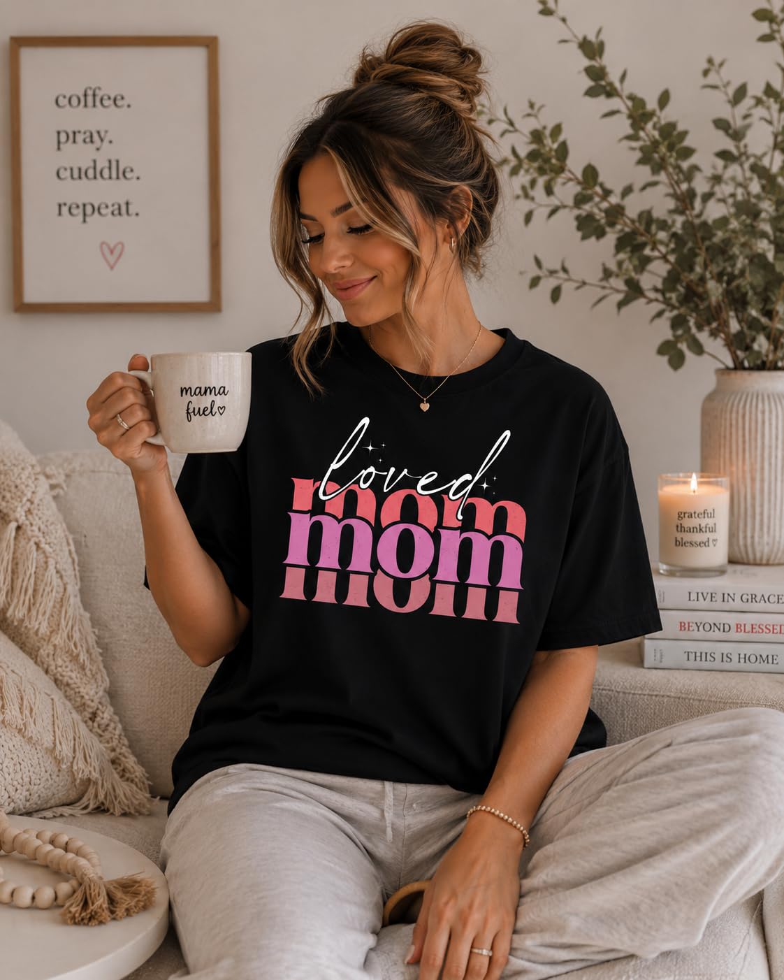 Loved Mom Graphic Tee for Women, Cute Retro Pink Mama T-Shirt, Aesthetic for Moms, Grandma, Wife