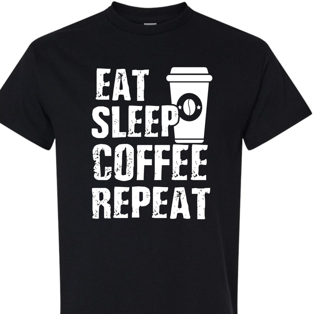 Eat Sleep Coffee Repeat Graphic Tee, Funny Caffeine Addict Quote Shirt for Women and Men, Trendy Barista Coffee Lover Gift