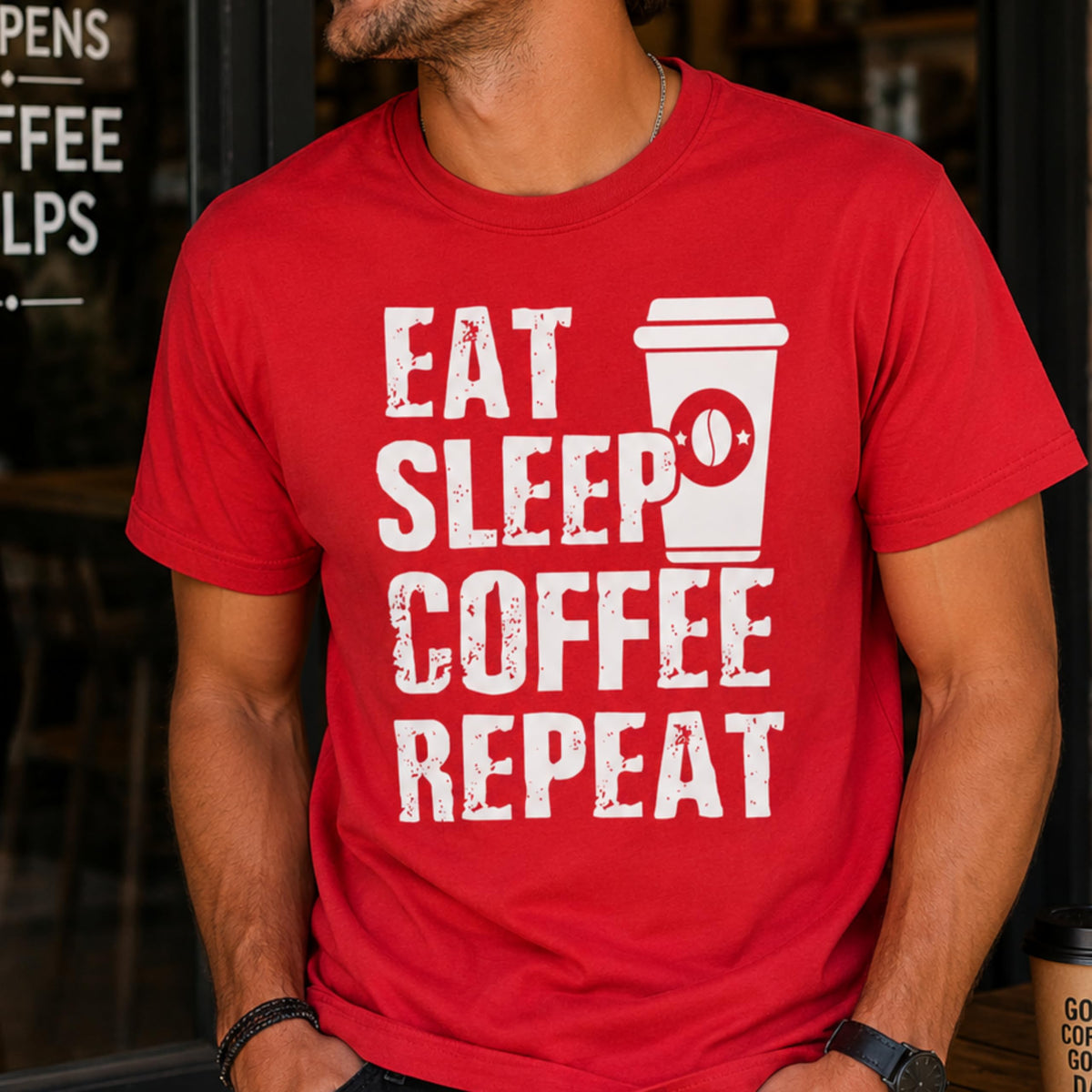 Eat Sleep Coffee Repeat Graphic Tee, Funny Caffeine Addict Quote Shirt for Women and Men, Trendy Barista Coffee Lover Gift