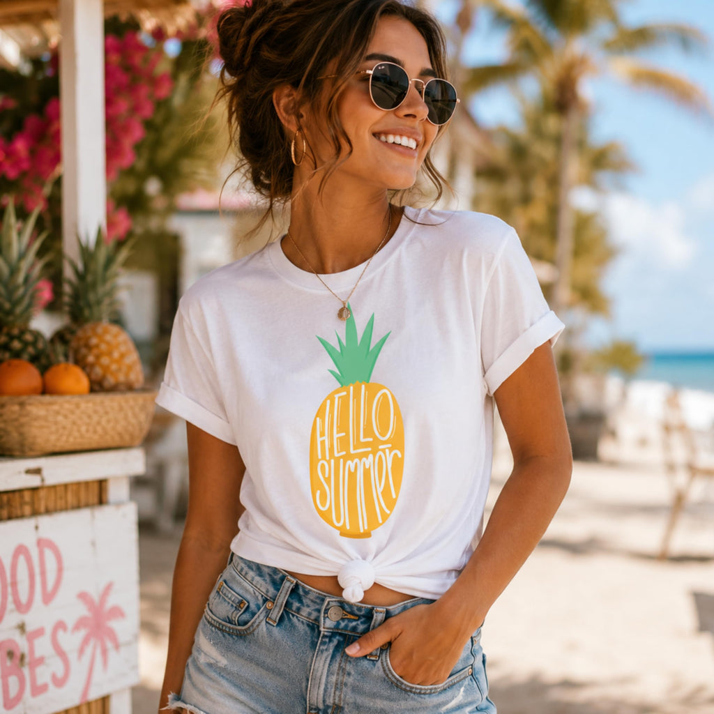 World and Space Summer Vacation Shirt, Cute Pineapple Graphic Tee, Tropical Beach Theme, Minimalist Style